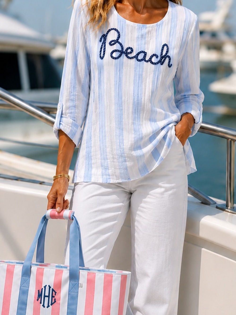 BEACH:Sunbay,Softly Striped “Beach” Top, Beach-Brunch,Excellent Condition,Size M